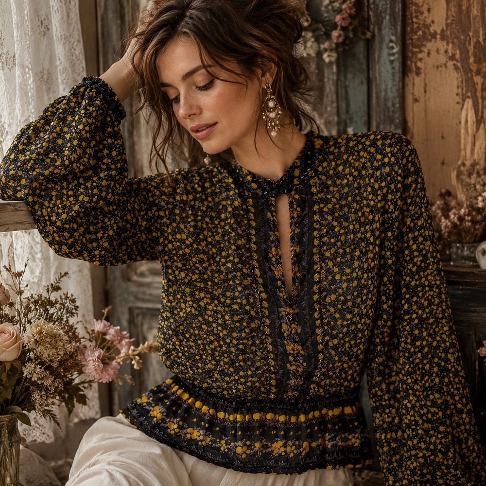 Free People Womens Sheer Floral Beaded Peplum Top Sz M Black Yellow Boho Cottage